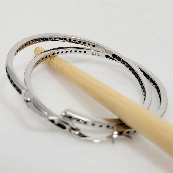 Sterling Silver 2" Black Spinel Hoops - Picture 4 of 12